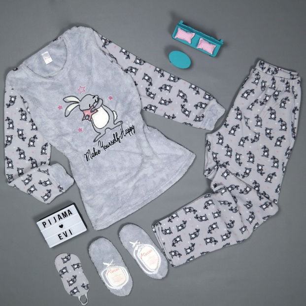 Happy Rabbit Desenli Kadın Peluş Pijama Takımı - 2