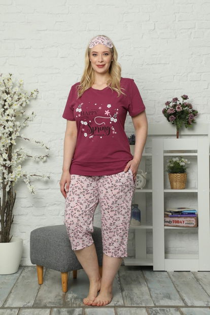 Happy Spring Desenli Kısa Kollu Kaprili Büyük Beden Battal Pijama Takımı - 2