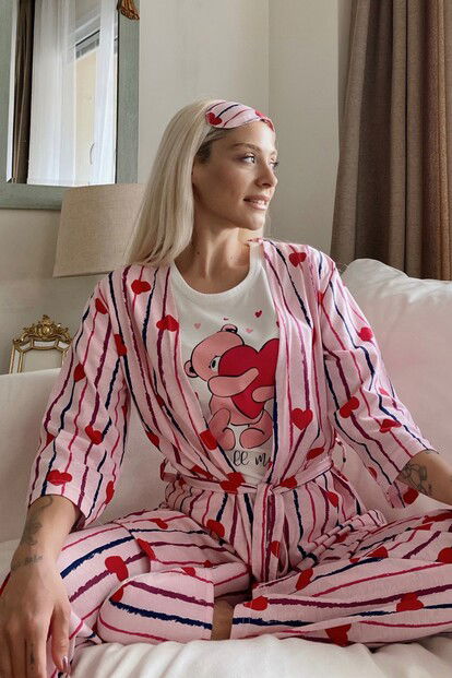 Heart Bear Baskılı Sabahlıklı Pijama Takımı - 1