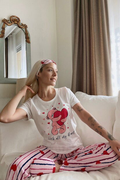 Heart Bear Baskılı Sabahlıklı Pijama Takımı - 2
