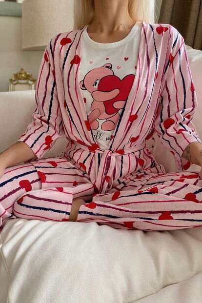 Heart Bear Baskılı Sabahlıklı Pijama Takımı - 3