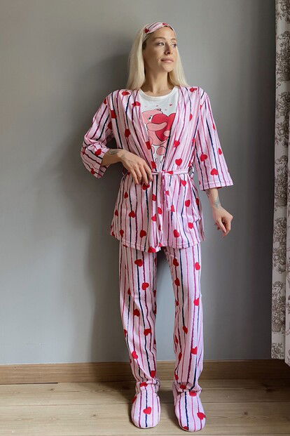 Heart Bear Baskılı Sabahlıklı Pijama Takımı - 5