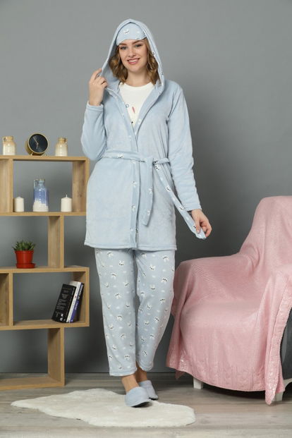 Hello Rabbit Desenli Sabahlıklı Peluş Pijama Takımı - 1