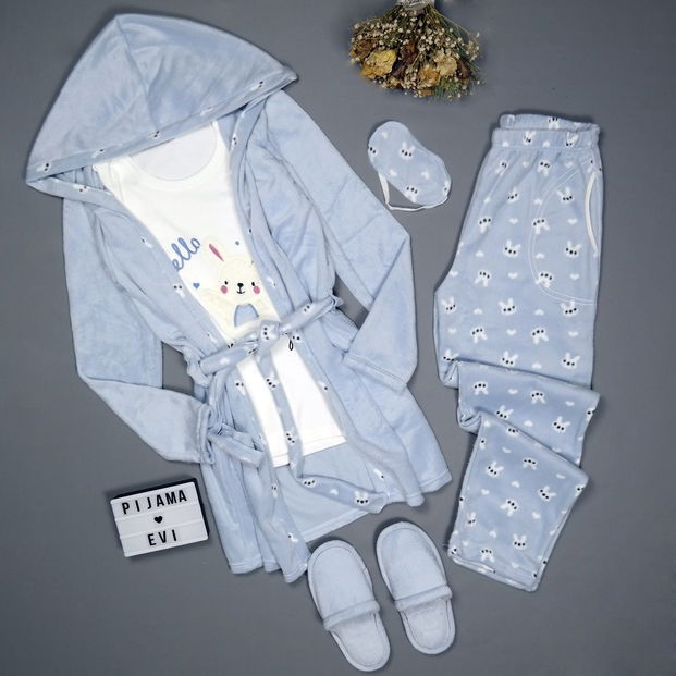 Hello Rabbit Desenli Sabahlıklı Peluş Pijama Takımı - 3