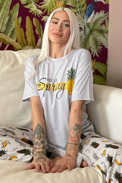 Hello Spring Baskılı Örme Kısa Kol Kadın Pijama Takımı - 1