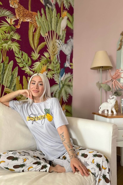 Hello Spring Baskılı Örme Kısa Kol Kadın Pijama Takımı - 2