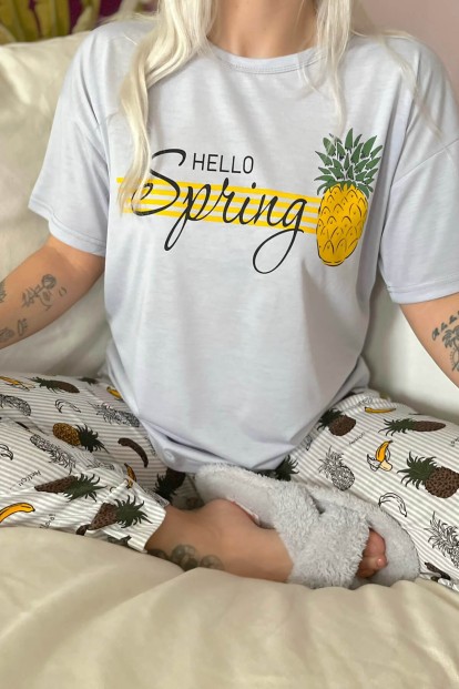 Hello Spring Baskılı Örme Kısa Kol Kadın Pijama Takımı - 3