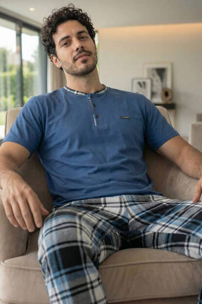 Heritage Deep Blue Patlı Kısa Kollu Cotton Erkek Pijama Takımı 