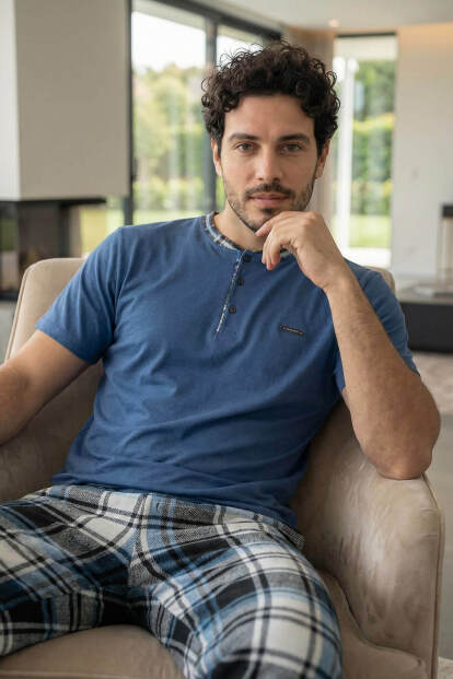 Heritage Deep Blue Patlı Kısa Kollu Cotton Erkek Pijama Takımı - 3