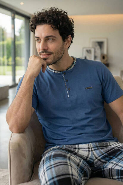 Heritage Deep Blue Patlı Kısa Kollu Cotton Erkek Pijama Takımı - 4