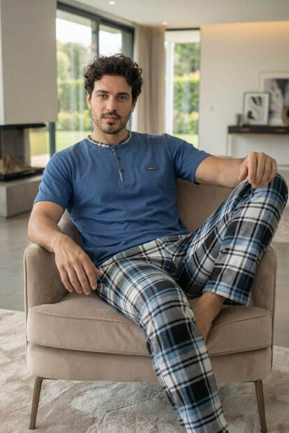 Heritage Deep Blue Patlı Kısa Kollu Cotton Erkek Pijama Takımı - 5