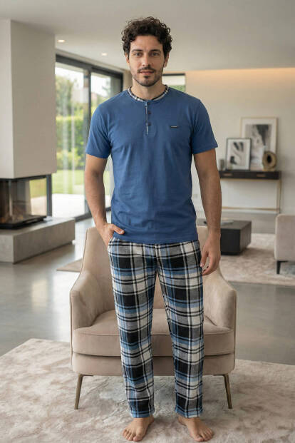 Heritage Deep Blue Patlı Kısa Kollu Cotton Erkek Pijama Takımı - 6