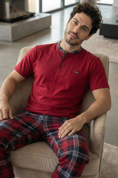 Heritage Deep Red Patlı Kısa Kollu Cotton Erkek Pijama Takımı 