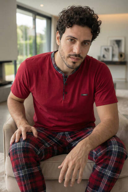 Heritage Deep Red Patlı Kısa Kollu Cotton Erkek Pijama Takımı - 2