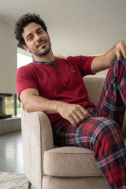 Heritage Deep Red Patlı Kısa Kollu Cotton Erkek Pijama Takımı - 3