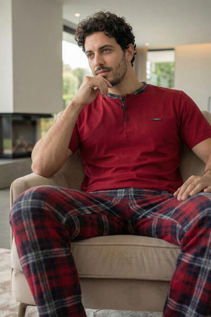 Heritage Deep Red Patlı Kısa Kollu Cotton Erkek Pijama Takımı - 4
