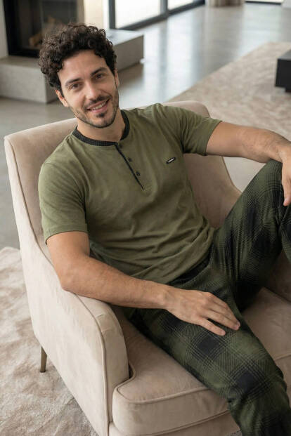 Heritage Khaki Patlı Kısa Kollu Cotton Erkek Pijama Takımı - 2