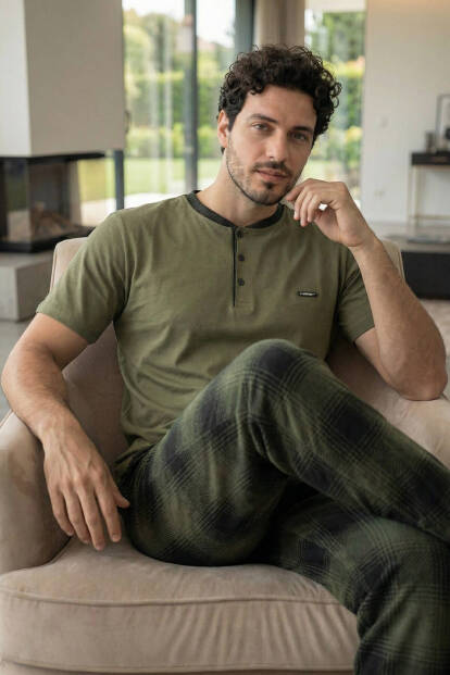 Heritage Khaki Patlı Kısa Kollu Cotton Erkek Pijama Takımı - 3