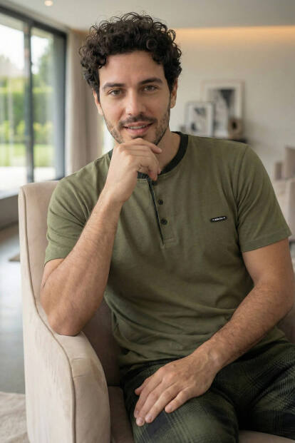 Heritage Khaki Patlı Kısa Kollu Cotton Erkek Pijama Takımı - 5