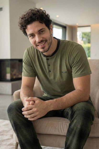 Heritage Khaki Patlı Kısa Kollu Cotton Erkek Pijama Takımı - 6