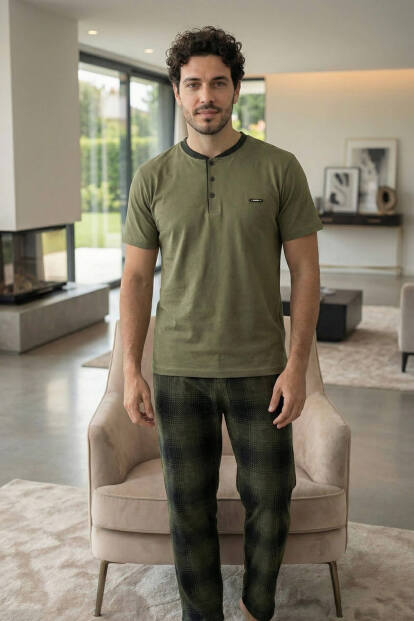 Heritage Khaki Patlı Kısa Kollu Cotton Erkek Pijama Takımı - 7