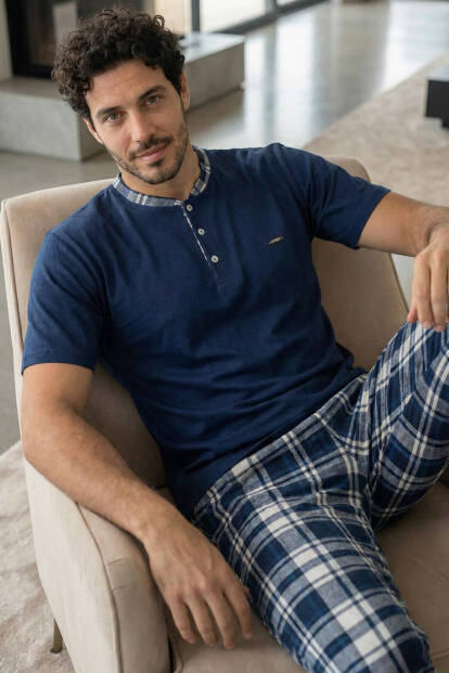 Heritage Navy Patlı Kısa Kollu Cotton Erkek Pijama Takımı 