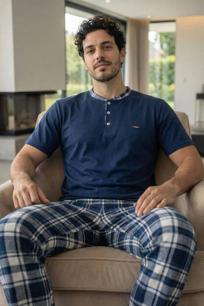 Heritage Navy Patlı Kısa Kollu Cotton Erkek Pijama Takımı - 2