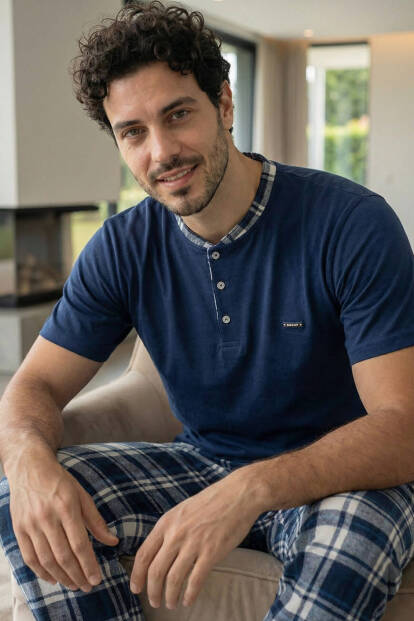 Heritage Navy Patlı Kısa Kollu Cotton Erkek Pijama Takımı - 3
