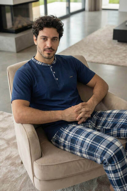 Heritage Navy Patlı Kısa Kollu Cotton Erkek Pijama Takımı - 6