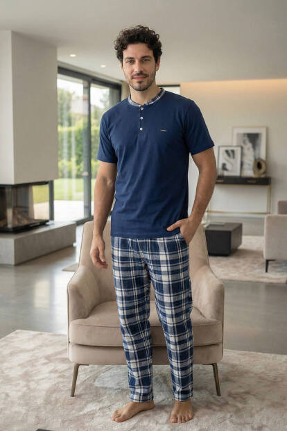 Heritage Navy Patlı Kısa Kollu Cotton Erkek Pijama Takımı - 7
