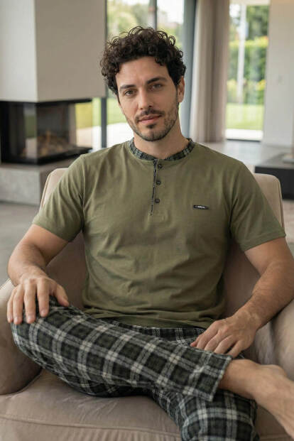Heritage Olive Patlı Kısa Kollu Cotton Erkek Pijama Takımı - 3