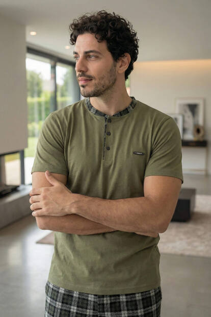 Heritage Olive Patlı Kısa Kollu Cotton Erkek Pijama Takımı - 5