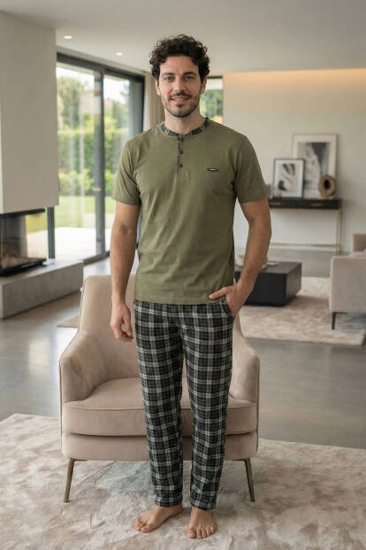 Heritage Olive Patlı Kısa Kollu Cotton Erkek Pijama Takımı - 6