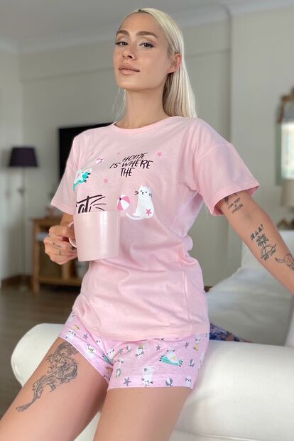 Home Cat Baskılı Şortlu Kadın Pijama Takımı - 1