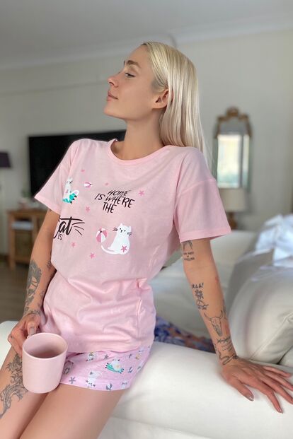 Home Cat Baskılı Şortlu Kadın Pijama Takımı - 2