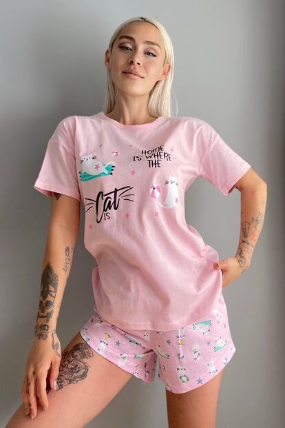 Home Cat Baskılı Şortlu Kadın Pijama Takımı - 3