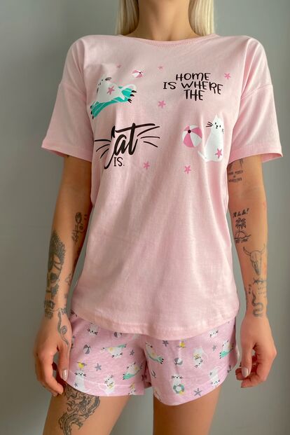 Home Cat Baskılı Şortlu Kadın Pijama Takımı - 4