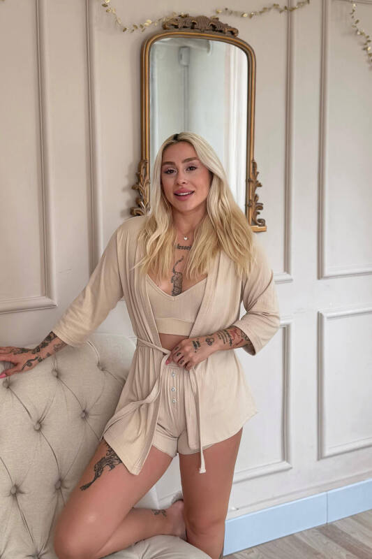 Bej Dublin Büstiyerli Sabahlıklı Kadın Pijama Takımı - Pijamaevi (1)