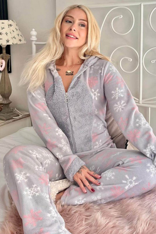 Gri Kartanesi Desenli Kadın Polar Peluş Tulum Pijama - Pijamaevi