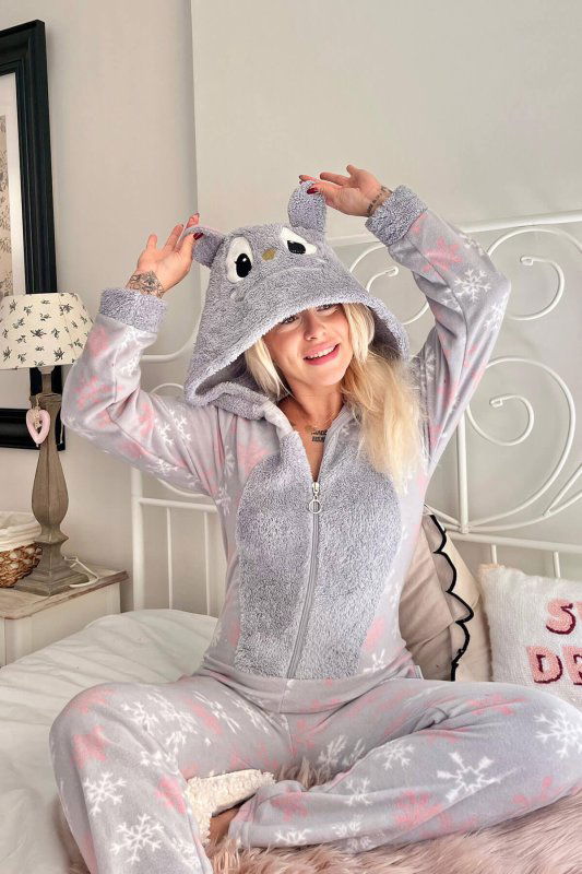 Gri Kartanesi Desenli Kadın Polar Peluş Tulum Pijama - Pijamaevi (1)