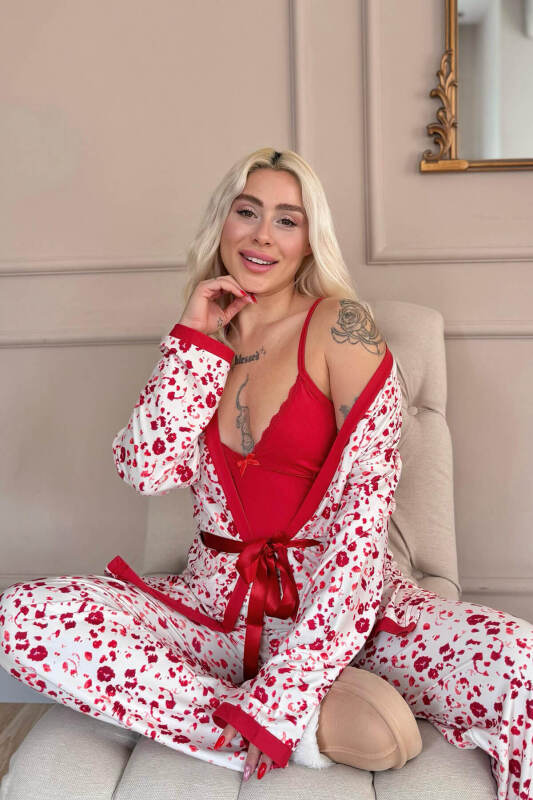 Kırmızı Blossom Exclusive Örme Sabahlıklı Kadın Pijama Takım - Pijamaevi (1)
