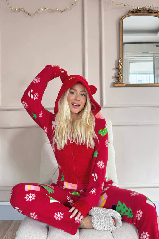 Kırmızı Crimson Desenli Kadın Polar Peluş Tulum Pijama - Pijamaevi (1)