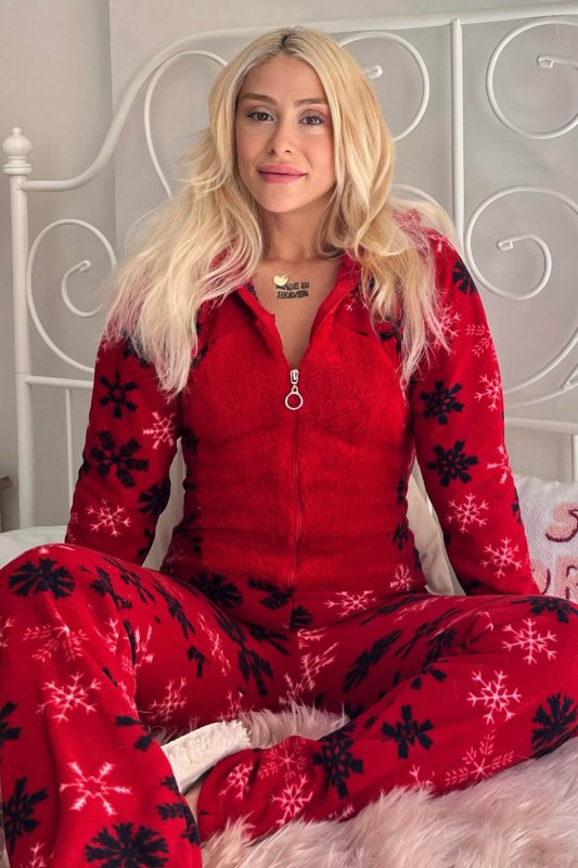 Kırmızı Kartanesi Desenli Kadın Polar Peluş Tulum Pijama - Pijamaevi