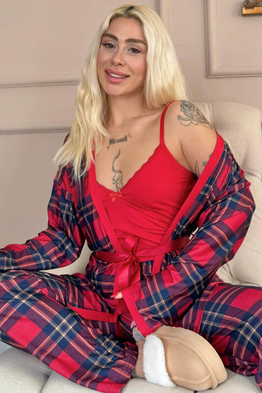 Kırmızı Tartan Exclusive Örme Sabahlıklı Kadın Pijama Takım - Pijamaevi