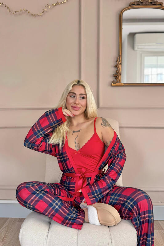 Kırmızı Tartan Exclusive Örme Sabahlıklı Kadın Pijama Takım - Pijamaevi (1)