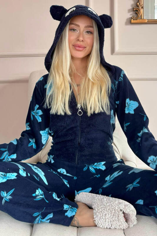 Lacivert Palmate Desenli Kadın Polar Peluş Tulum Pijama - Pijamaevi