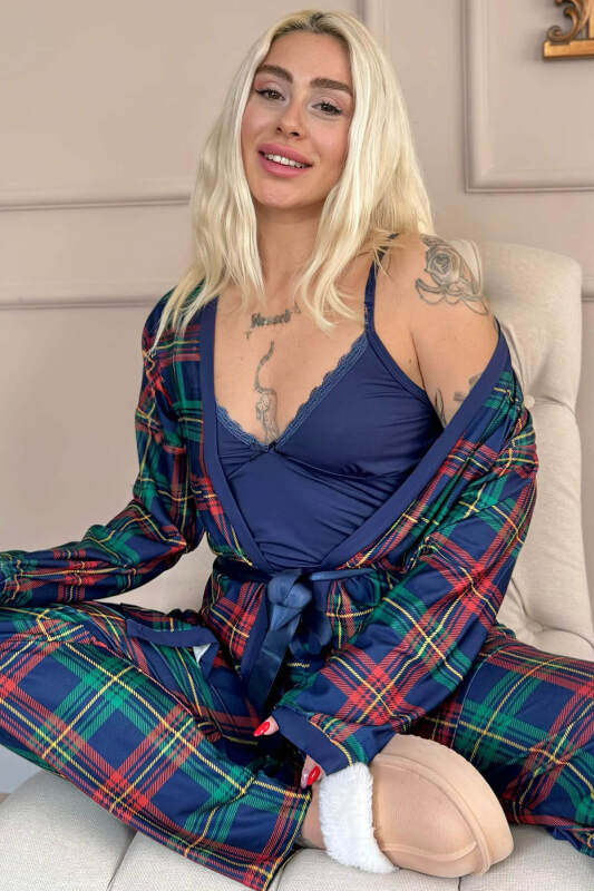 Navy Tartan Exclusive Örme Sabahlıklı Kadın Pijama Takım - Pijamaevi