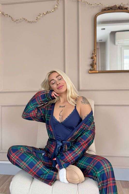 Navy Tartan Exclusive Örme Sabahlıklı Kadın Pijama Takım - Pijamaevi (1)