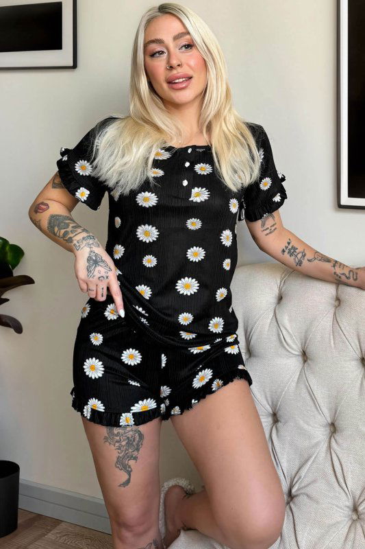 Papatya Desenli Örme Kısa Kol Şortlu Pijama Takımı - Pijamaevi