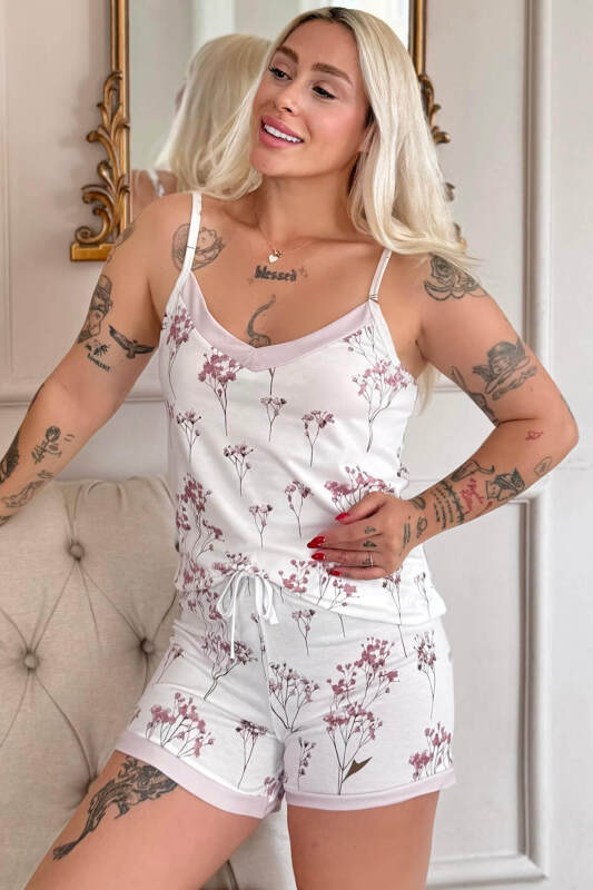 Rose Petal Desenli Ip Askılı Şortlu Bambu Kadın Pijama Takımı - Pijamaevi